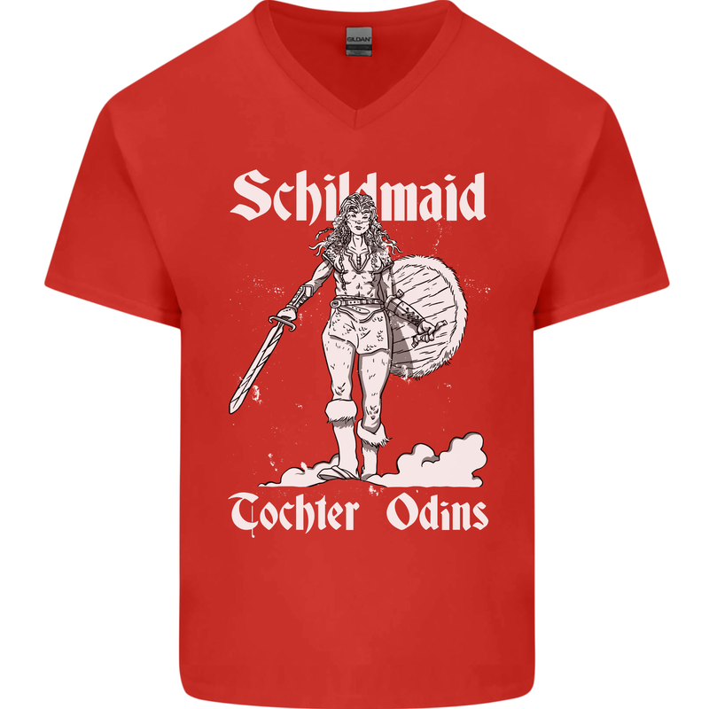 Schildmaid Viking Shield Maiden Mens V-Neck Cotton T-Shirt Red
