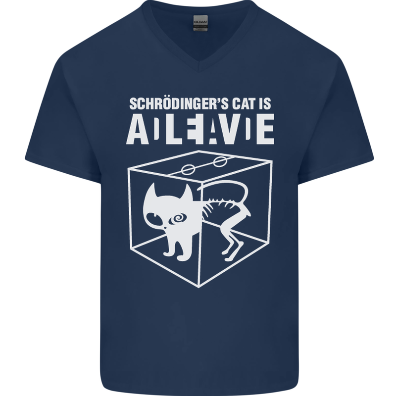Schrodinger's Cat Science Geek Nerd Mens V-Neck Cotton T-Shirt Navy Blue