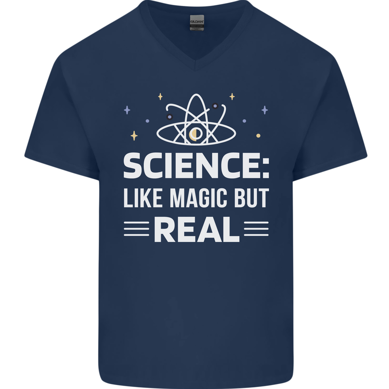 Science Like Magic But Real Funny Nerd Geek Mens V-Neck Cotton T-Shirt Navy Blue