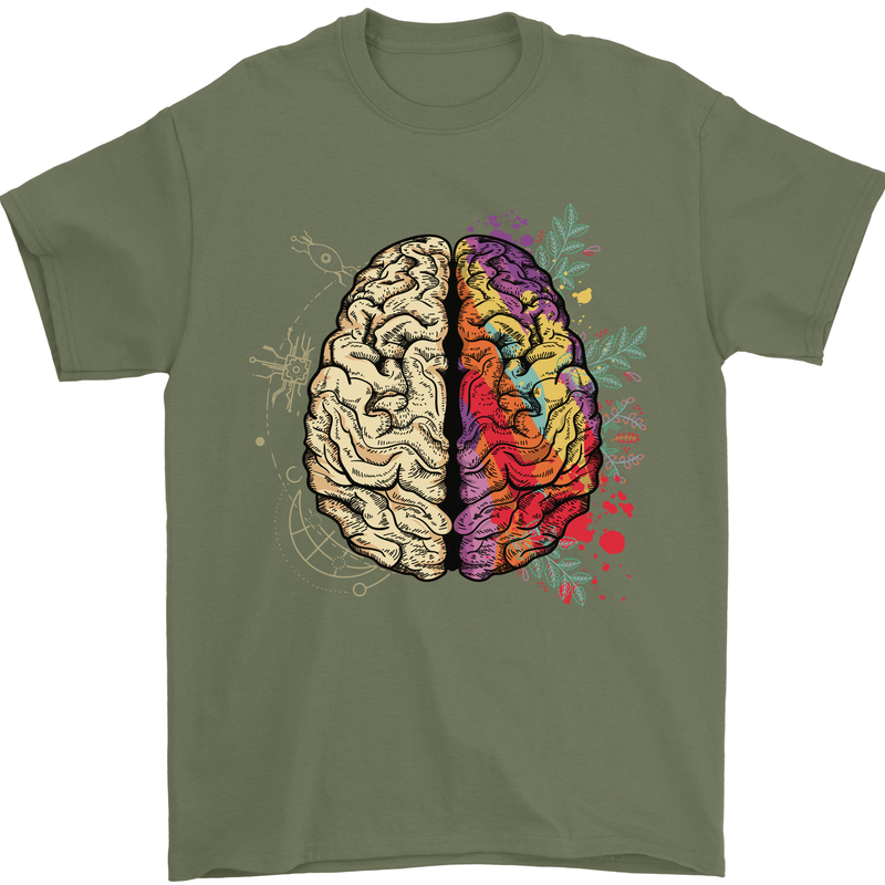 Science vs Artistic Brain Art IQ Physics Mens T-Shirt 100% Cotton Military Green