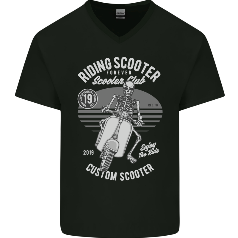 Scooter Club Motorbike Motorcycle Skull Mens V-Neck Cotton T-Shirt Black