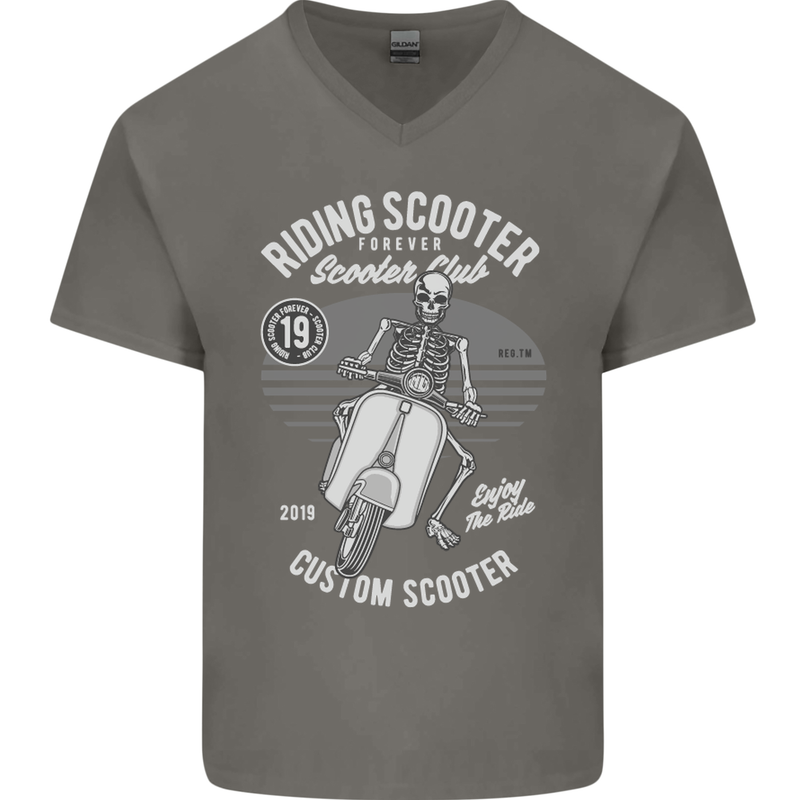 Scooter Club Motorbike Motorcycle Skull Mens V-Neck Cotton T-Shirt Charcoal