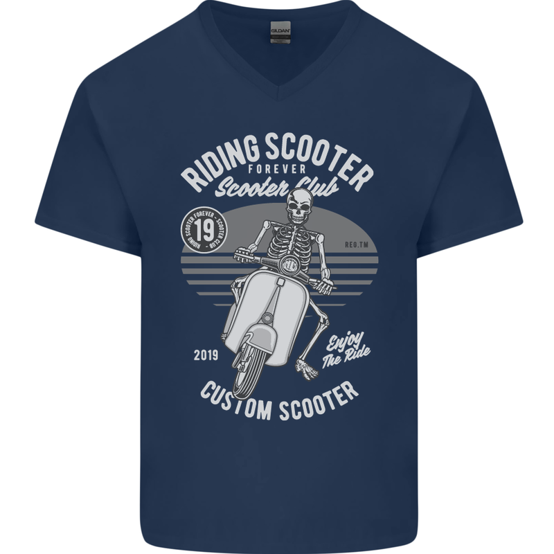 Scooter Club Motorbike Motorcycle Skull Mens V-Neck Cotton T-Shirt Navy Blue