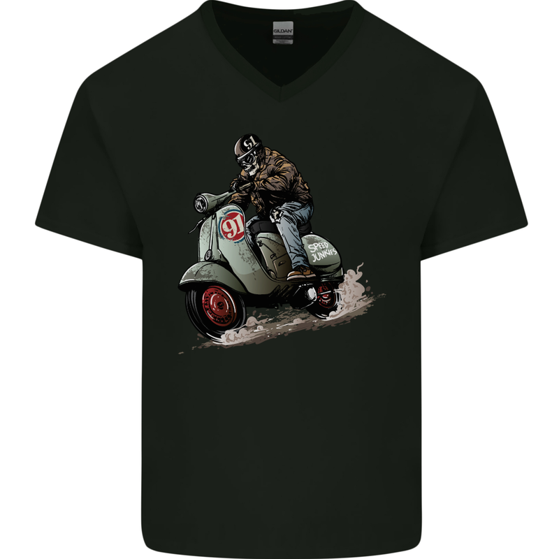 Scooter Skull MOD Moped Motorcycle Biker Mens V-Neck Cotton T-Shirt Black