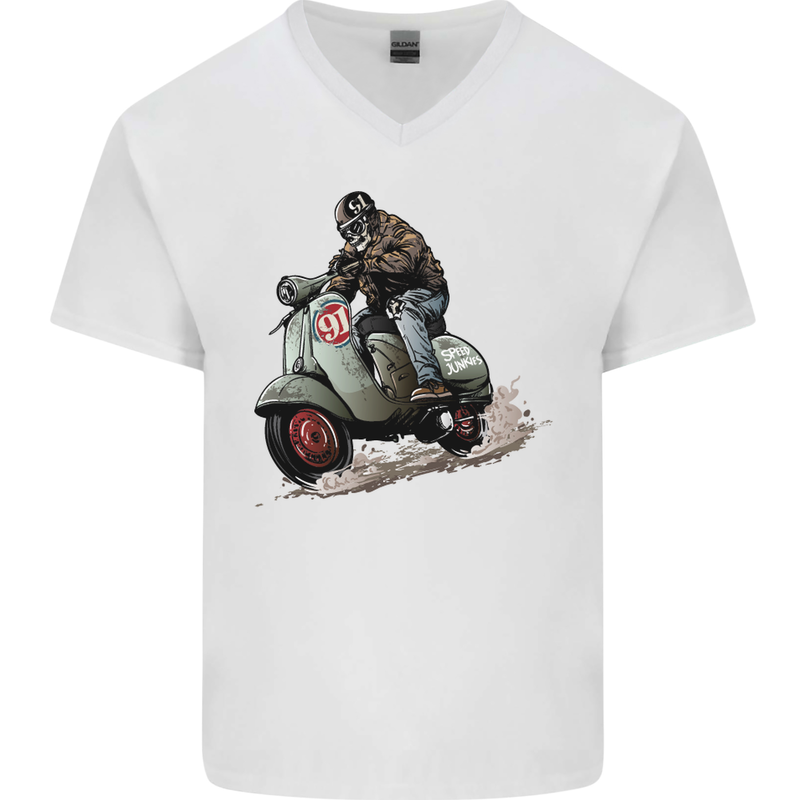 Scooter Skull MOD Moped Motorcycle Biker Mens V-Neck Cotton T-Shirt White
