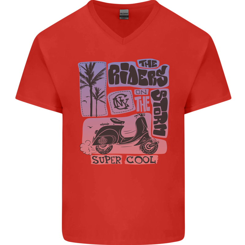 Scooter the Riders on the Storm Motorbike Mens V-Neck Cotton T-Shirt Red