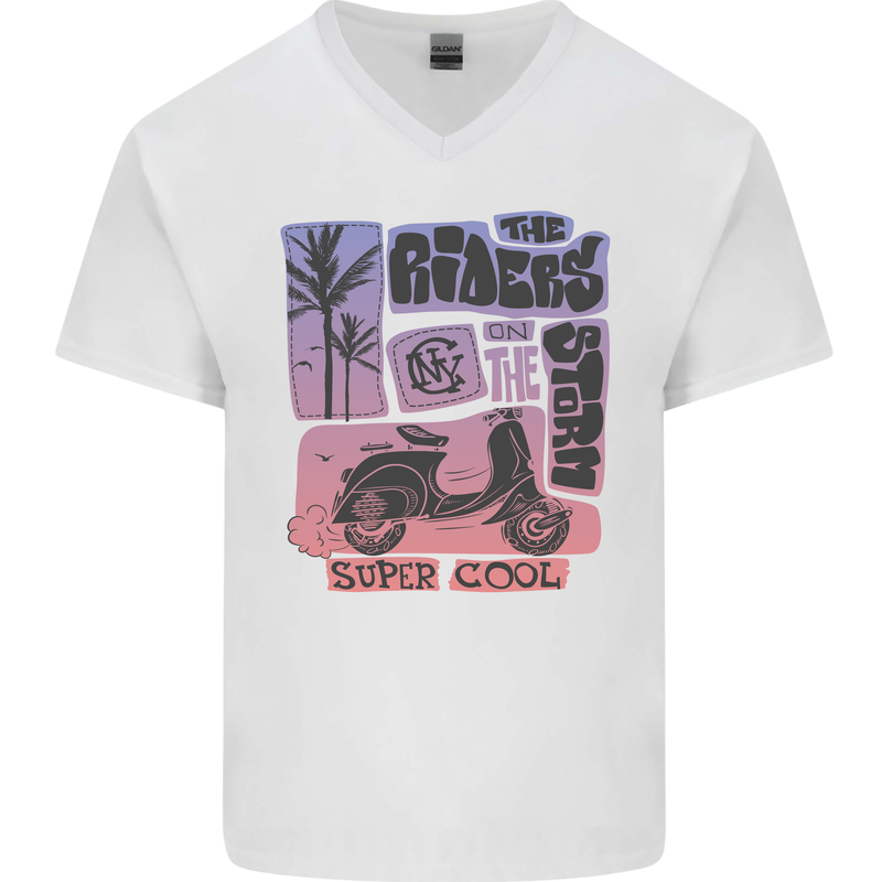 Scooter the Riders on the Storm Motorbike Mens V-Neck Cotton T-Shirt White
