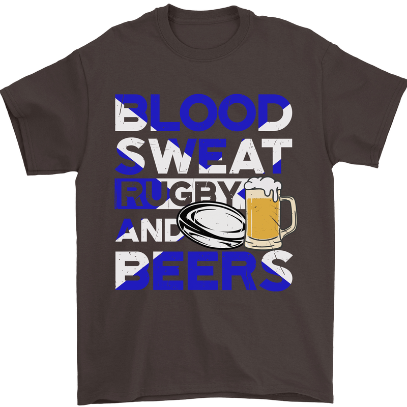 Scotland Blood Sweat & Beers Rugby Scottish Mens T-Shirt Cotton Gildan Dark Chocolate