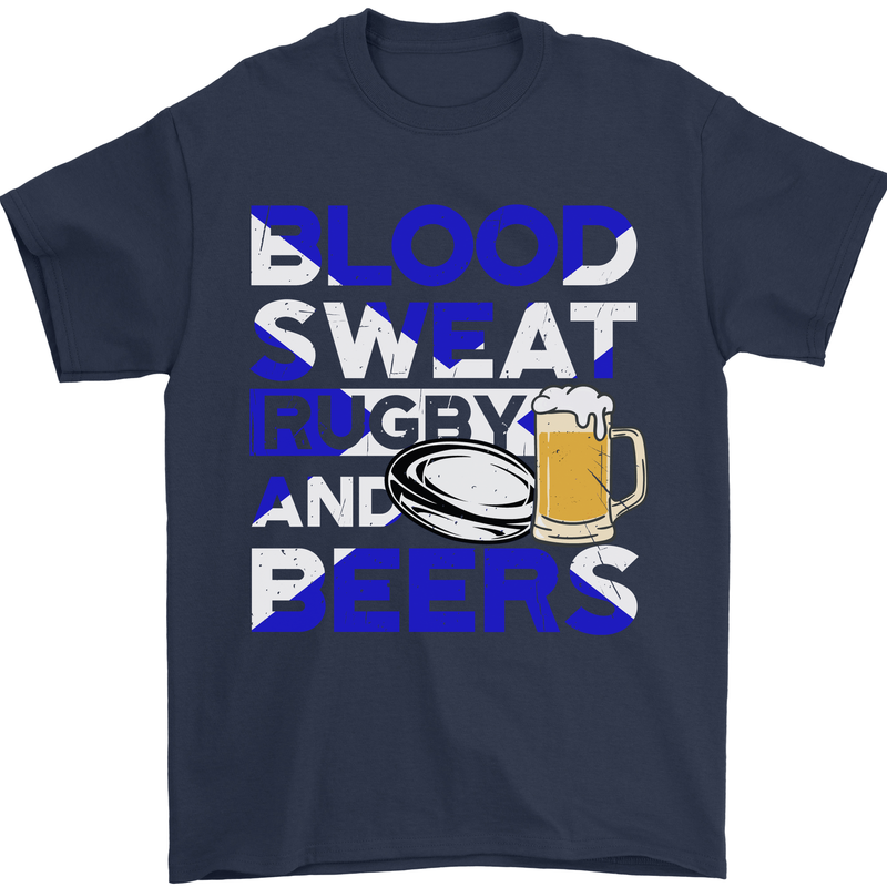 Scotland Blood Sweat & Beers Rugby Scottish Mens T-Shirt Cotton Gildan Navy Blue