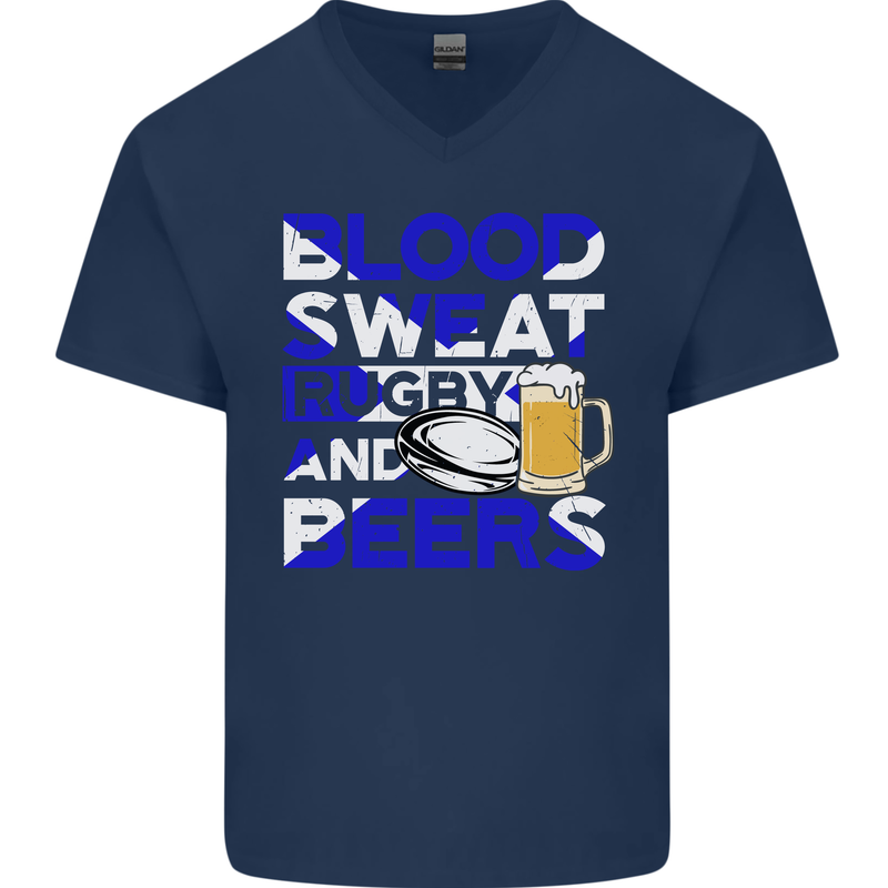 Scotland Blood Sweat & Beers Rugby Scottish Mens V-Neck Cotton T-Shirt Navy Blue