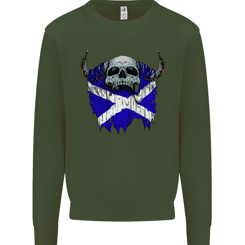 Scotland Flag Skull Scottish Biker Gothic Kids Sweatshirt Jumper Forest Green