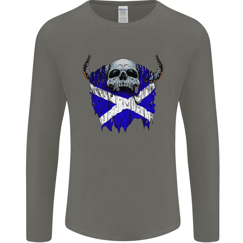 Scotland Flag Skull Scottish Biker Gothic Mens Long Sleeve T-Shirt Charcoal
