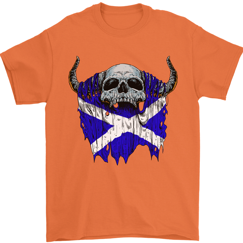 Scotland Flag Skull Scottish Biker Gothic Mens T-Shirt Cotton Gildan Orange