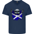 Scotland Flag Skull Scottish Biker Gothic Mens V-Neck Cotton T-Shirt Navy Blue