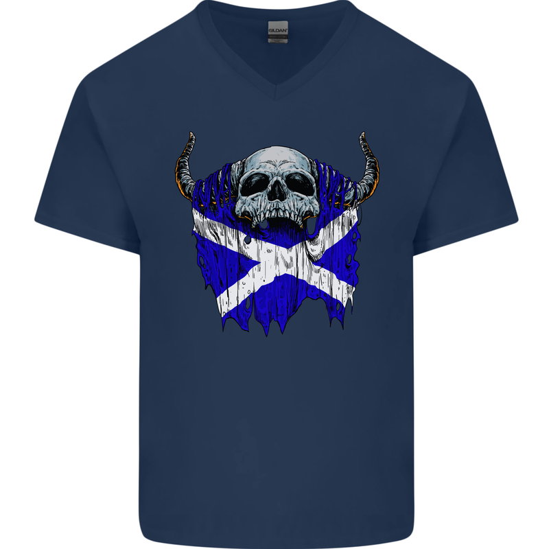 Scotland Flag Skull Scottish Biker Gothic Mens V-Neck Cotton T-Shirt Navy Blue