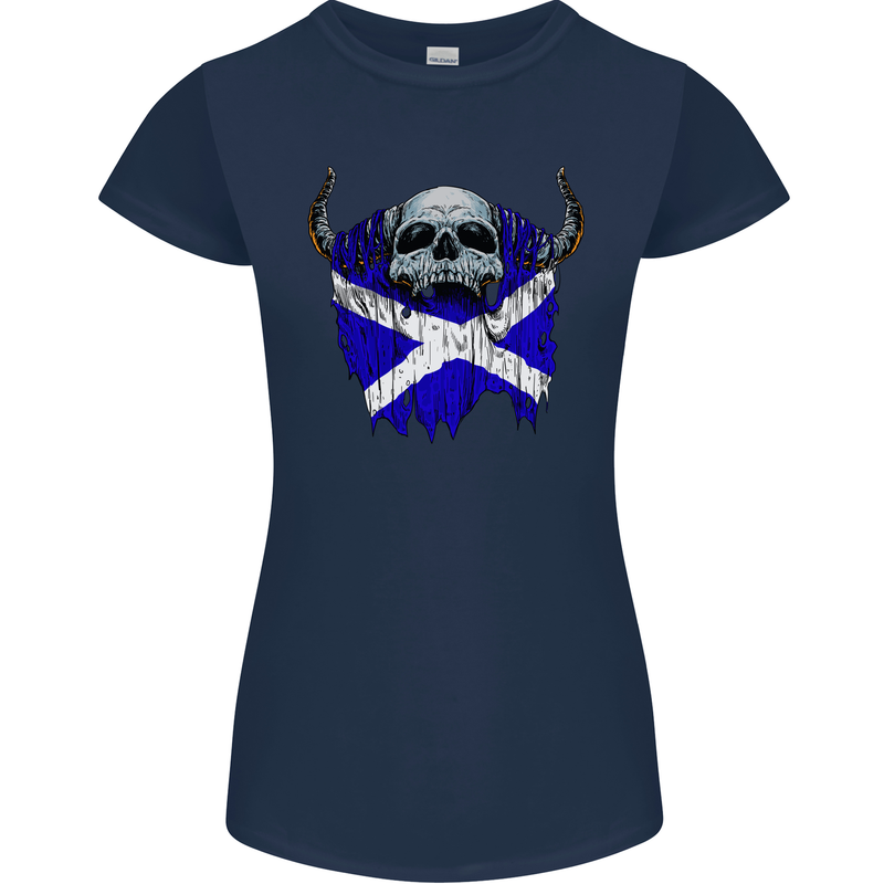 Scotland Flag Skull Scottish Biker Gothic Womens Petite Cut T-Shirt Navy Blue