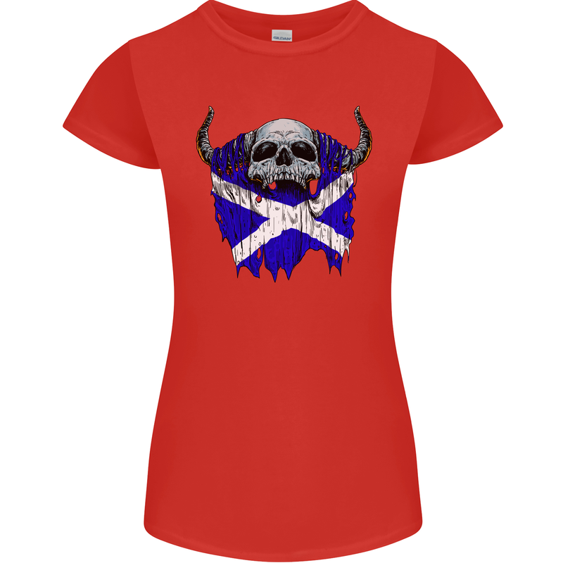 Scotland Flag Skull Scottish Biker Gothic Womens Petite Cut T-Shirt Red