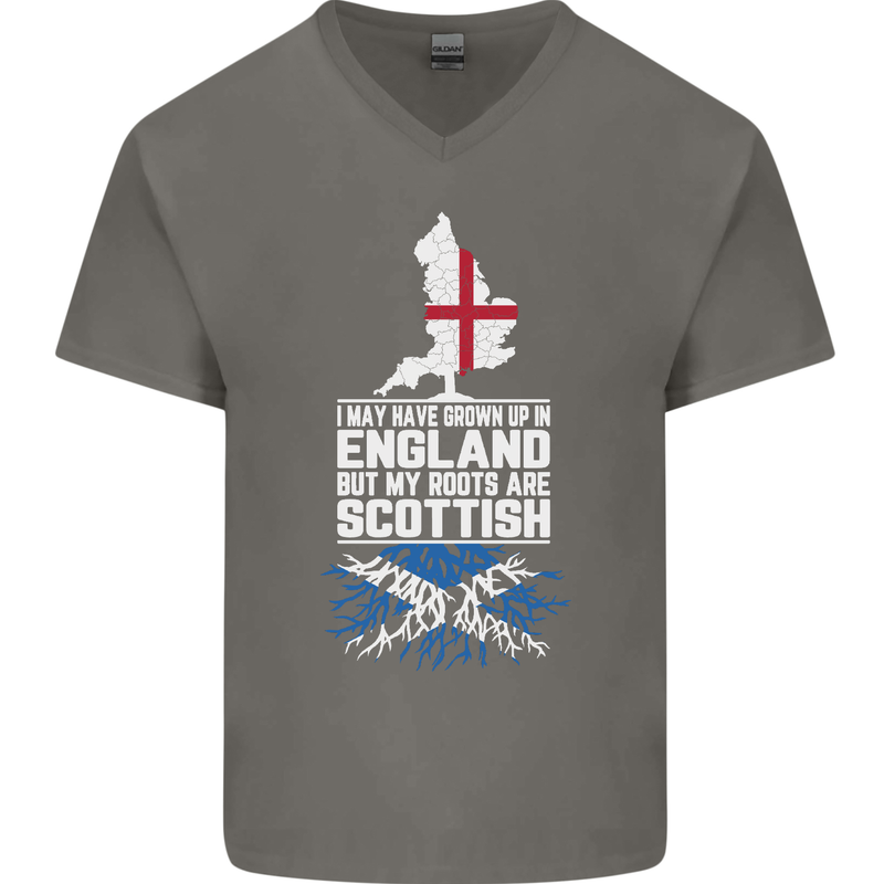 Scotland My Roots Are Scottish Mens V-Neck Cotton T-Shirt Charcoal