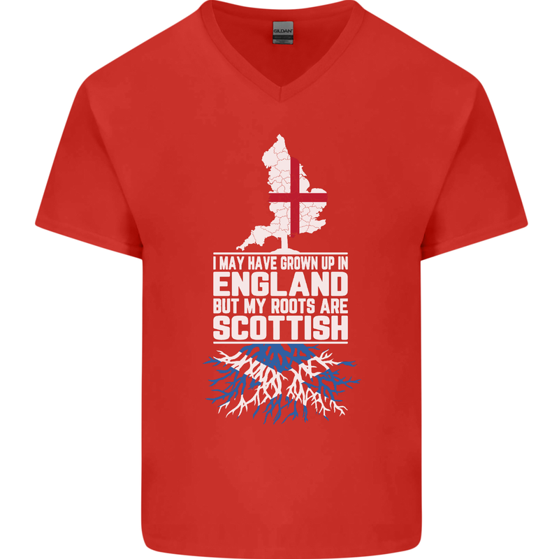 Scotland My Roots Are Scottish Mens V-Neck Cotton T-Shirt Red