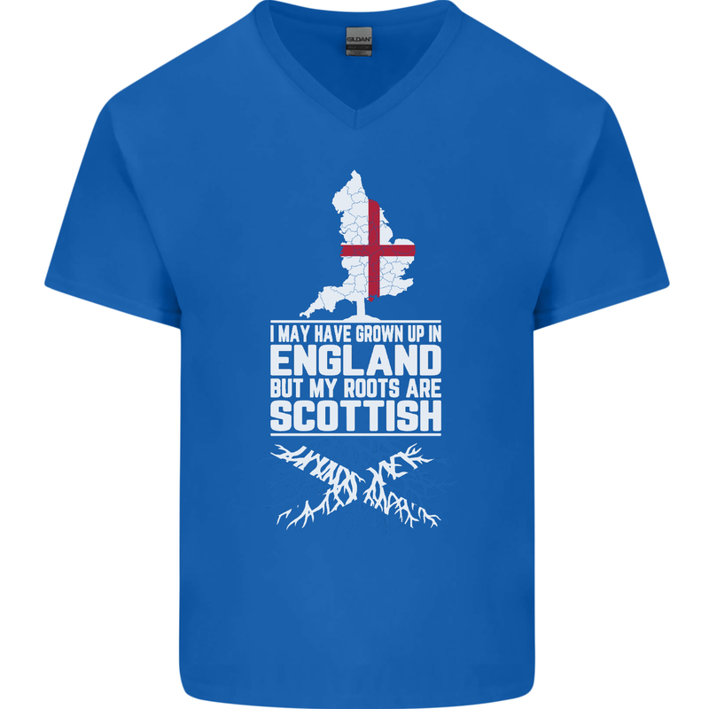 Scotland My Roots Are Scottish Mens V-Neck Cotton T-Shirt Royal Blue