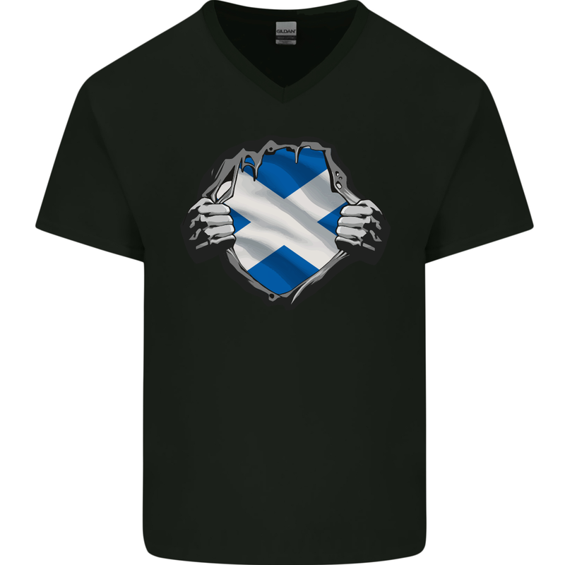 Scottish Flag Ripped Torn Gym Scotland Mens V-Neck Cotton T-Shirt Black