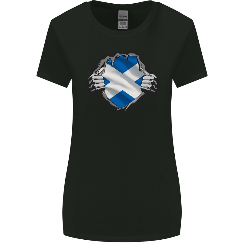 Scottish Flag Ripped Torn Gym Scotland Womens Wider Cut T-Shirt Black