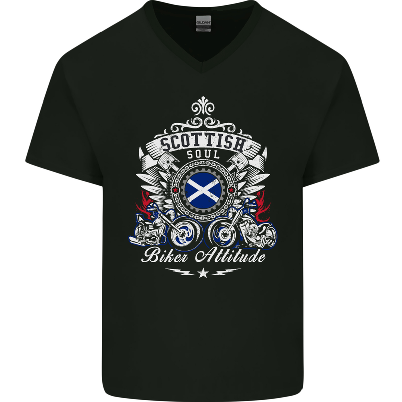 Scottish Soul Biker Attitude Motorcycle Mens V-Neck Cotton T-Shirt Black