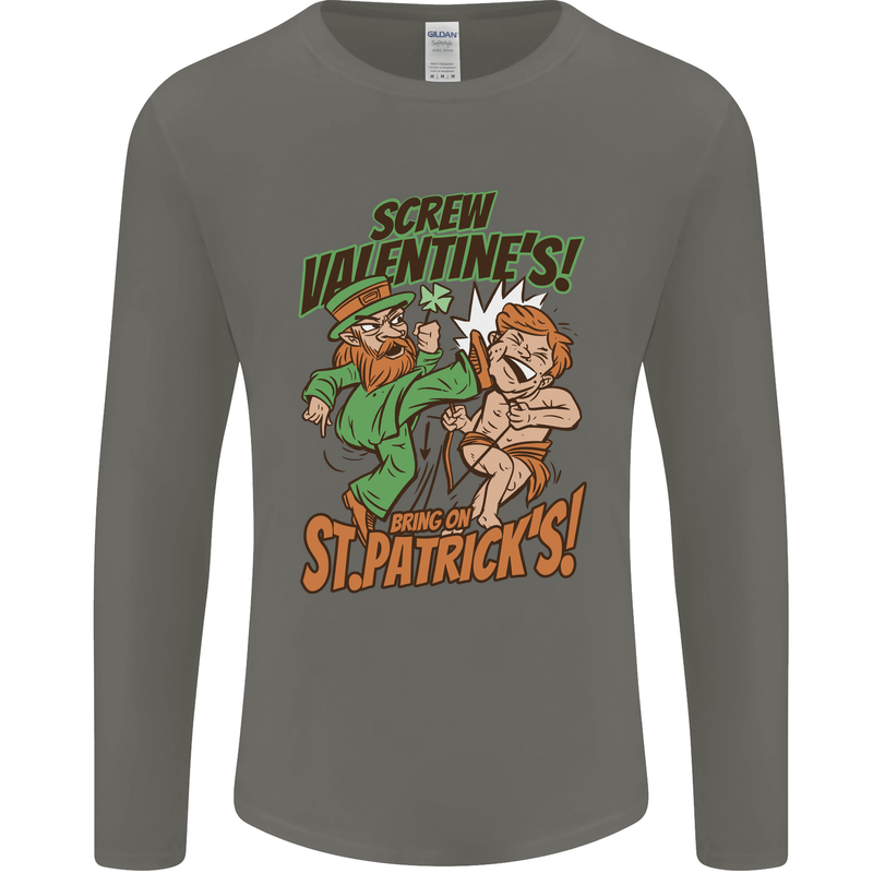 Screw Valentine's Day Funny St. Patrick's Mens Long Sleeve T-Shirt Charcoal