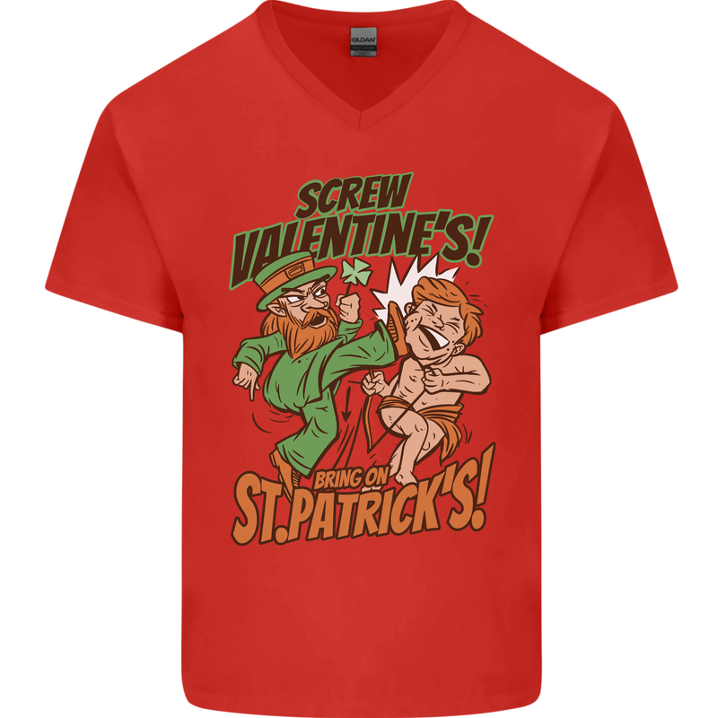 Screw Valentine's Day Funny St. Patrick's Mens V-Neck Cotton T-Shirt Red