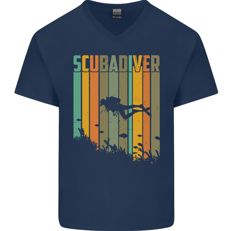 Scuba Diver Diving Dive Mens V-Neck Cotton T-Shirt Navy Blue