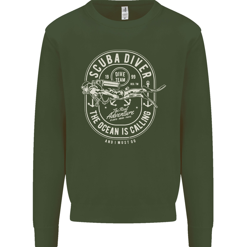 Scuba Diver the Ocean Is Calling Diving Kids Sweatshirt Jumper Forest Green