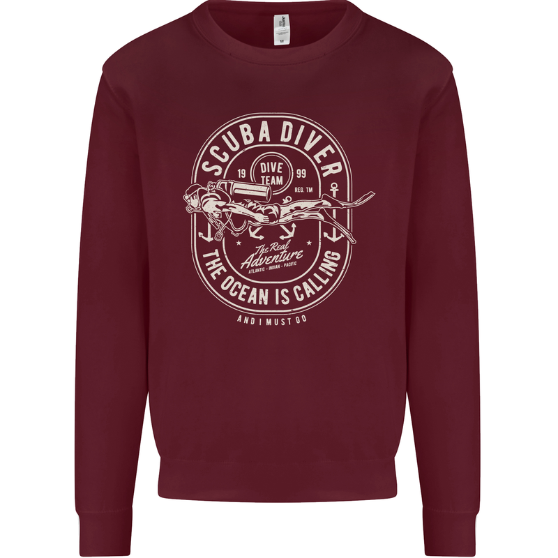 Scuba Diver the Ocean Is Calling Diving Kids Sweatshirt Jumper Maroon