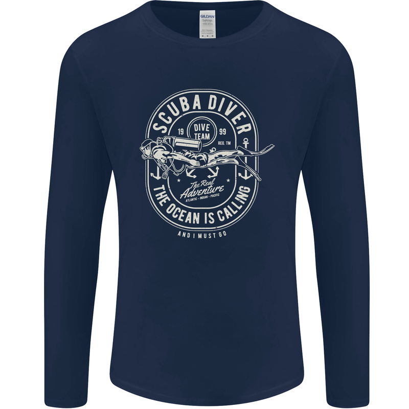 Scuba Diver the Ocean Is Calling Diving Mens Long Sleeve T-Shirt Navy Blue