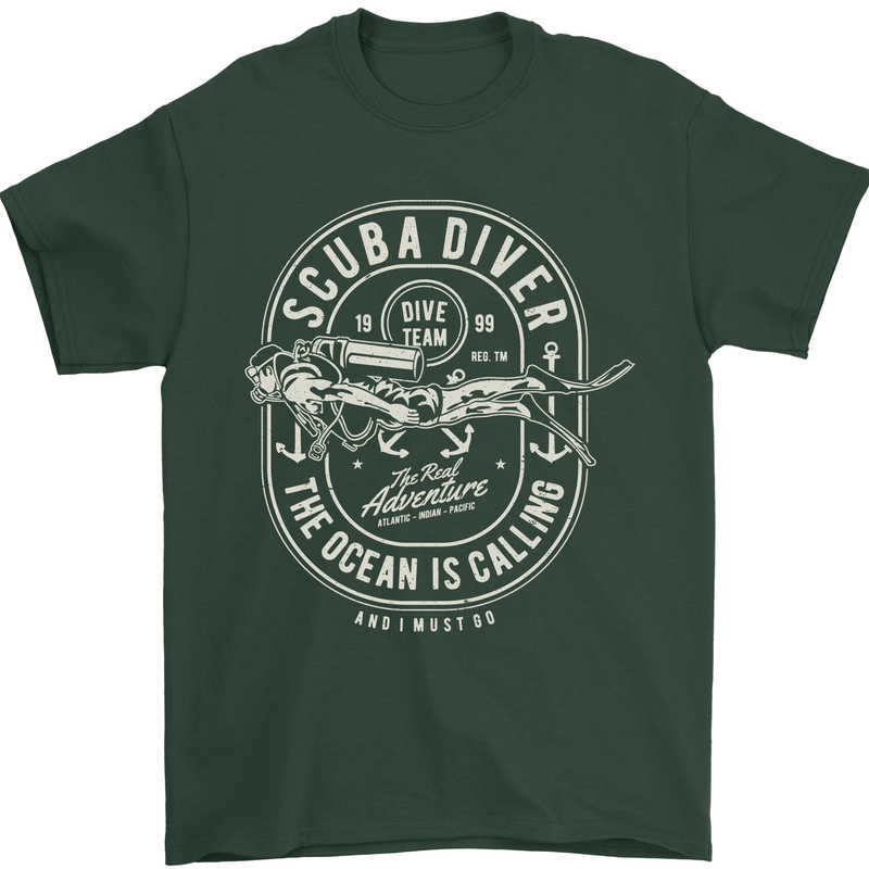 Scuba Diver the Ocean Is Calling Diving Mens T-Shirt Cotton Gildan Forest Green