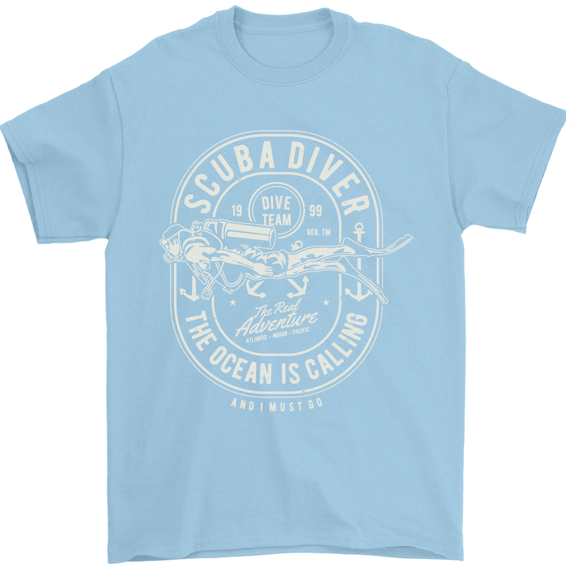 Scuba Diver the Ocean Is Calling Diving Mens T-Shirt Cotton Gildan Light Blue