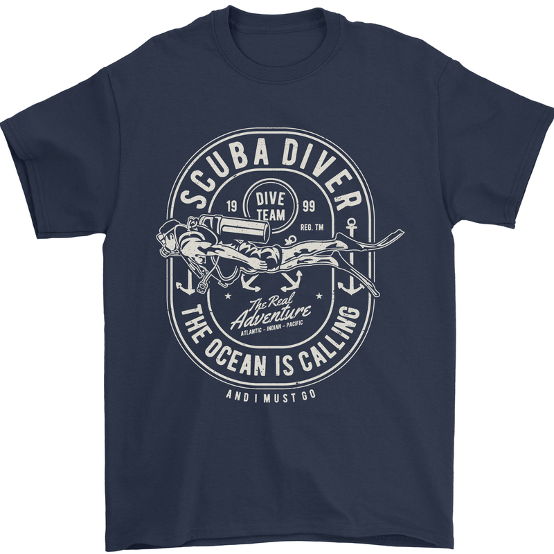 Scuba Diver the Ocean Is Calling Diving Mens T-Shirt Cotton Gildan Navy Blue