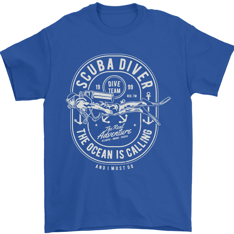 Scuba Diver the Ocean Is Calling Diving Mens T-Shirt Cotton Gildan Royal Blue