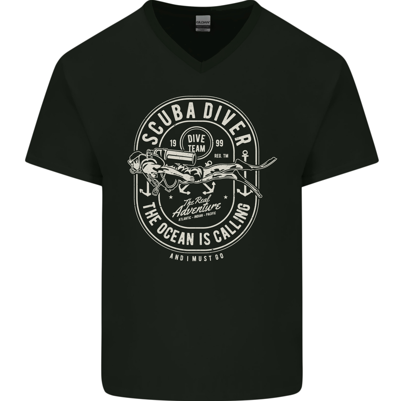 Scuba Diver the Ocean Is Calling Diving Mens V-Neck Cotton T-Shirt Black