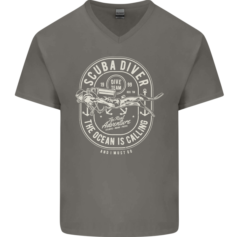 Scuba Diver the Ocean Is Calling Diving Mens V-Neck Cotton T-Shirt Charcoal