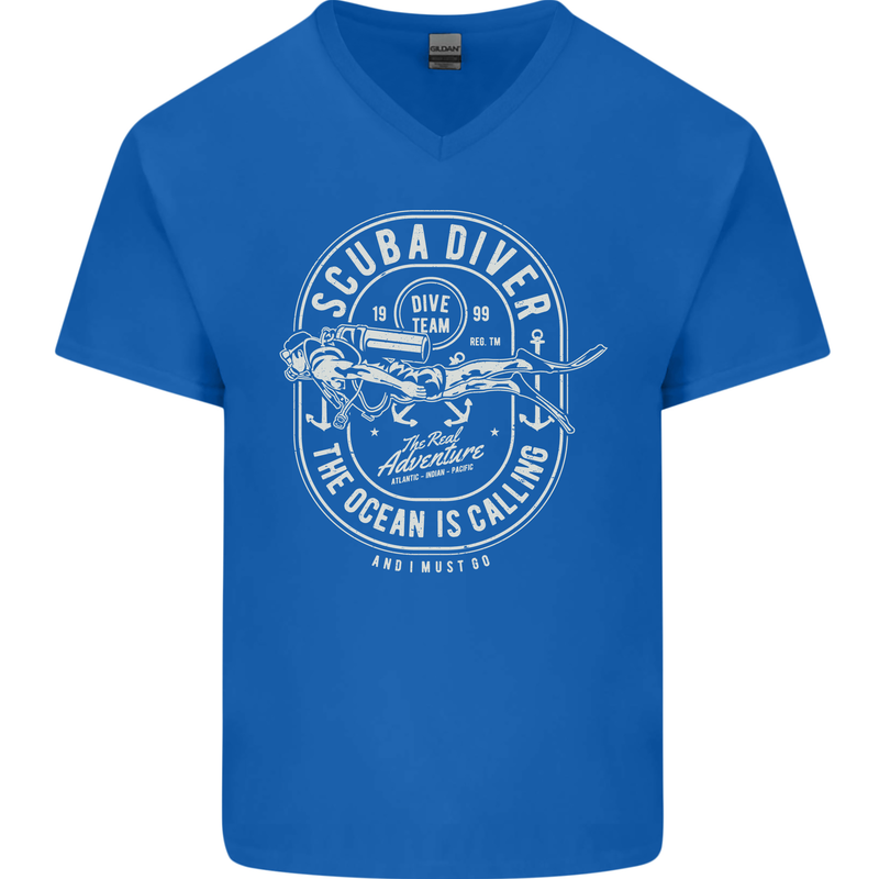 Scuba Diver the Ocean Is Calling Diving Mens V-Neck Cotton T-Shirt Royal Blue