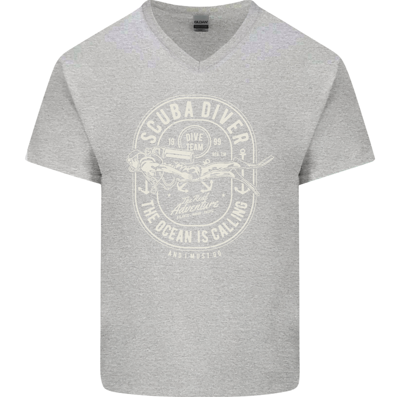 Scuba Diver the Ocean Is Calling Diving Mens V-Neck Cotton T-Shirt Sports Grey