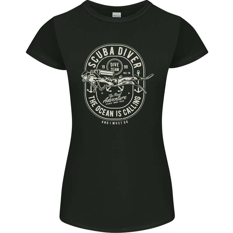 Scuba Diver the Ocean Is Calling Diving Womens Petite Cut T-Shirt Black