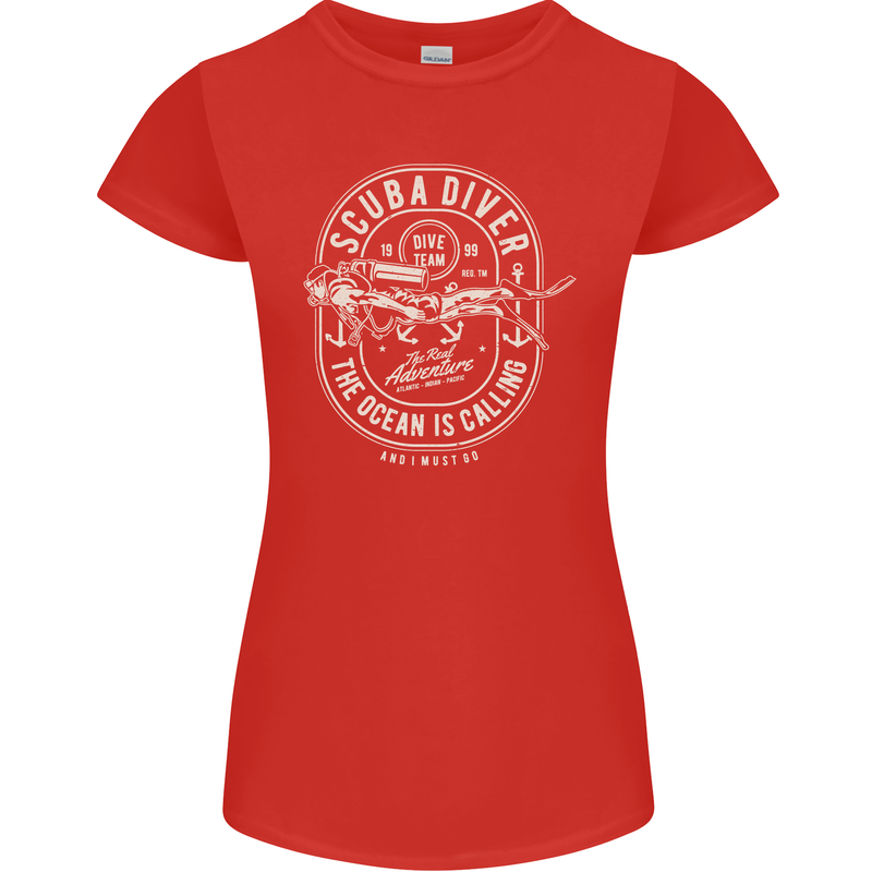 Scuba Diver the Ocean Is Calling Diving Womens Petite Cut T-Shirt Red