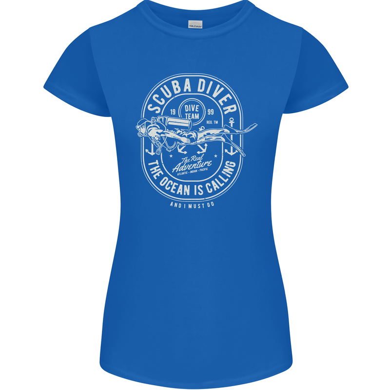 Scuba Diver the Ocean Is Calling Diving Womens Petite Cut T-Shirt Royal Blue