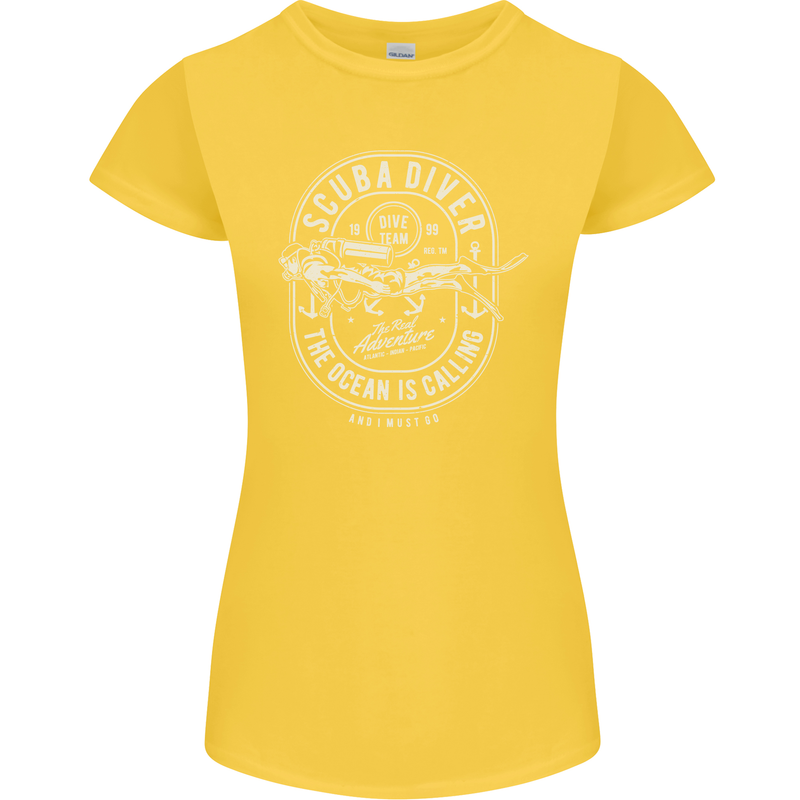 Scuba Diver the Ocean Is Calling Diving Womens Petite Cut T-Shirt Yellow