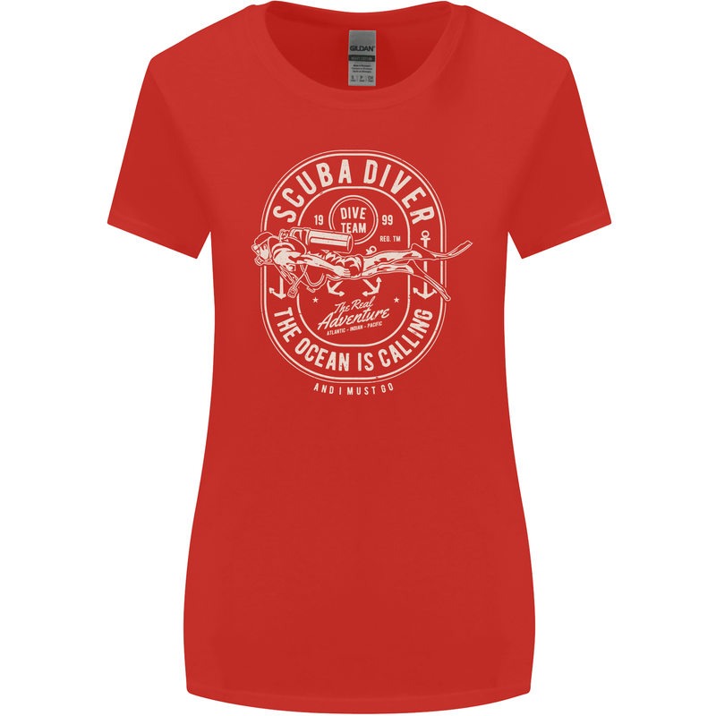 Scuba Diver the Ocean Is Calling Diving Womens Wider Cut T-Shirt Red