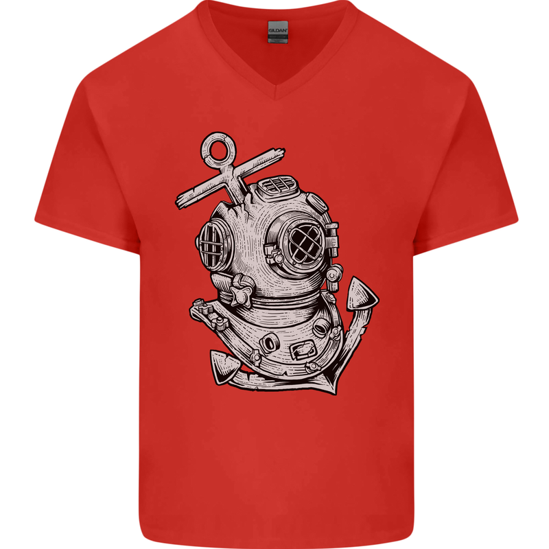 Scuba Diving Anchor Diver Sailing Sailor Mens V-Neck Cotton T-Shirt Red