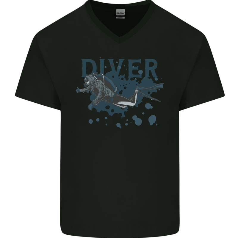 Scuba Diving Diver Mens V-Neck Cotton T-Shirt Black