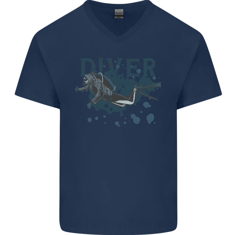 Scuba Diving Diver Mens V-Neck Cotton T-Shirt Navy Blue