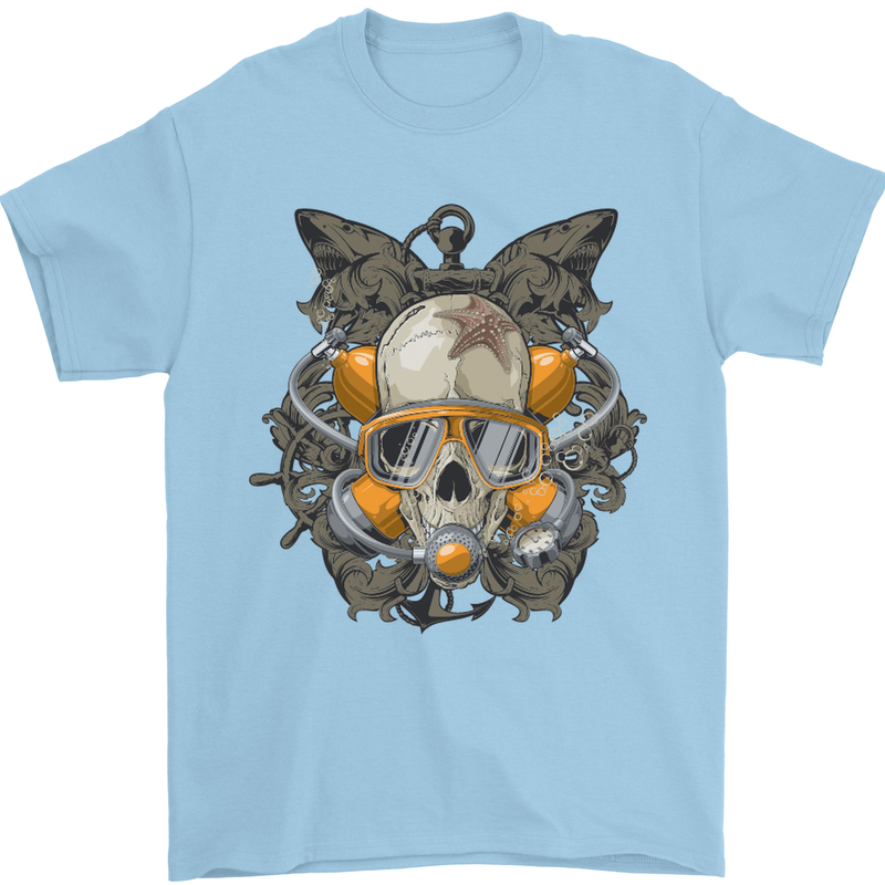 Scuba Diving Skull Diver Dive Mens T-Shirt Cotton Gildan Light Blue